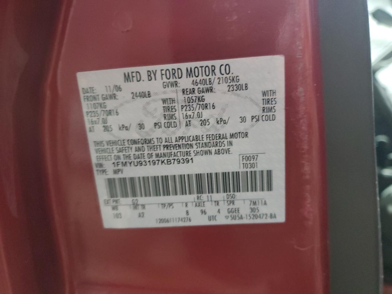 2007 Ford Escape Xlt VIN: 1FMYU93197KB79391 Lot: 86146815