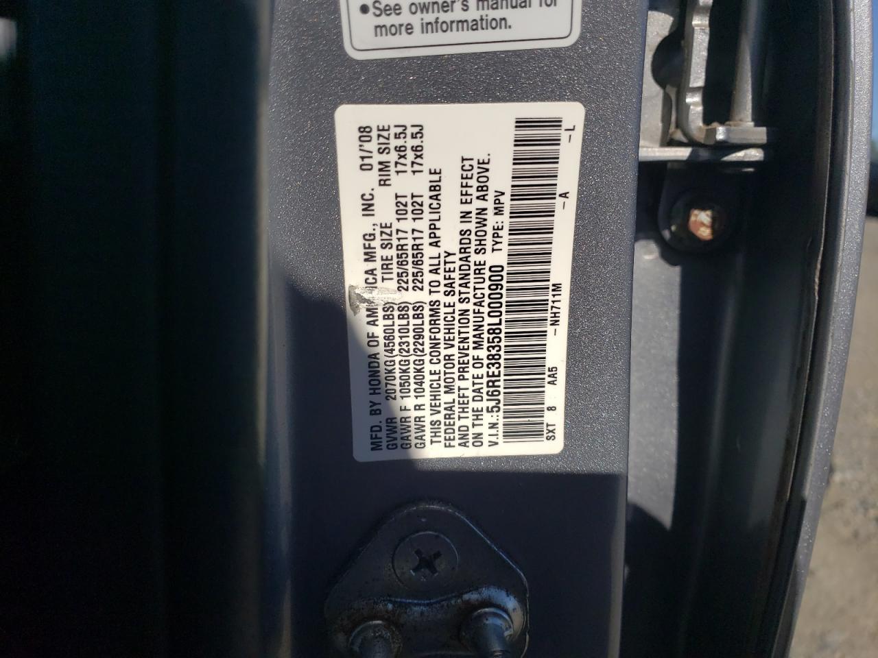 2008 Honda Cr-V Lx VIN: 5J6RE38358L000900 Lot: 89554965