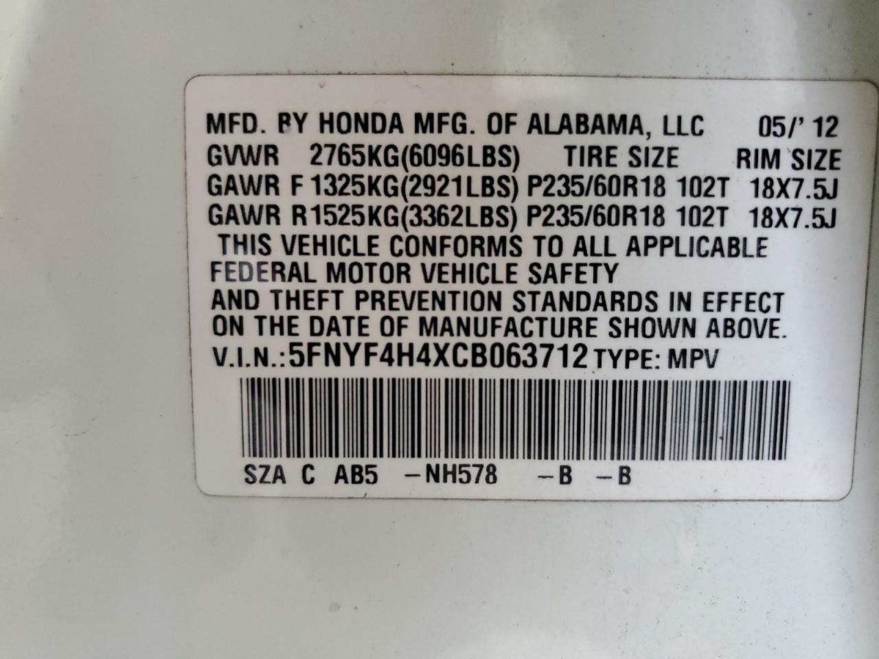 2012 Honda Pilot Ex VIN: 5FNYF4H4XCB063712 Lot: 85843255