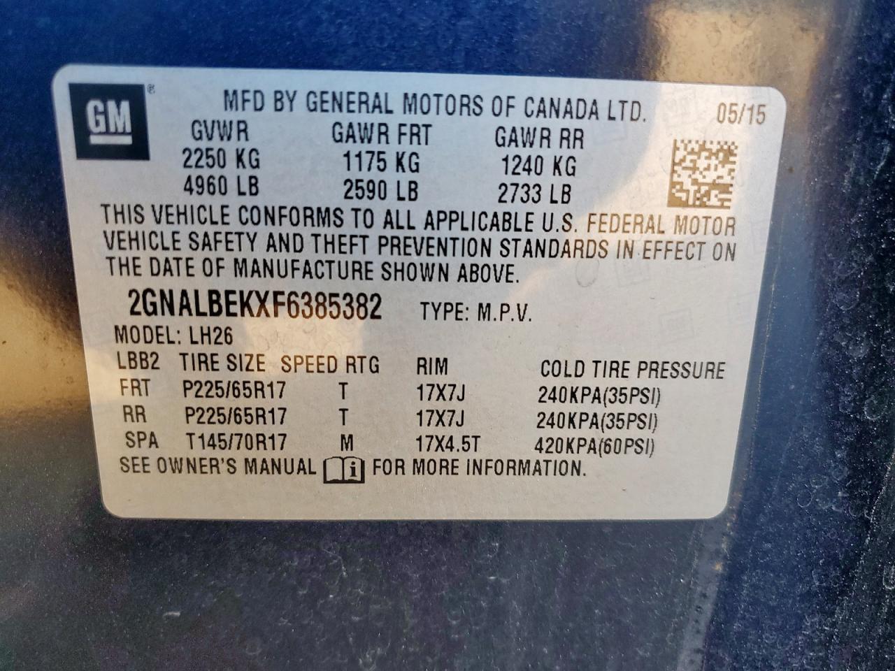 2015 Chevrolet Equinox Lt VIN: 2GNALBEKXF6385382 Lot: 86300025