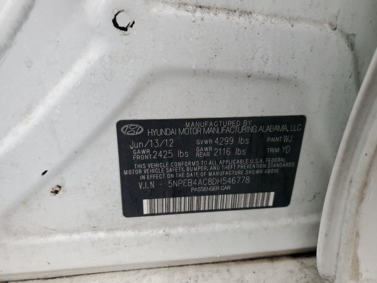 2013 Hyundai Sonata Gls VIN: 5NPEB4AC8DH546778 Lot: 82740135