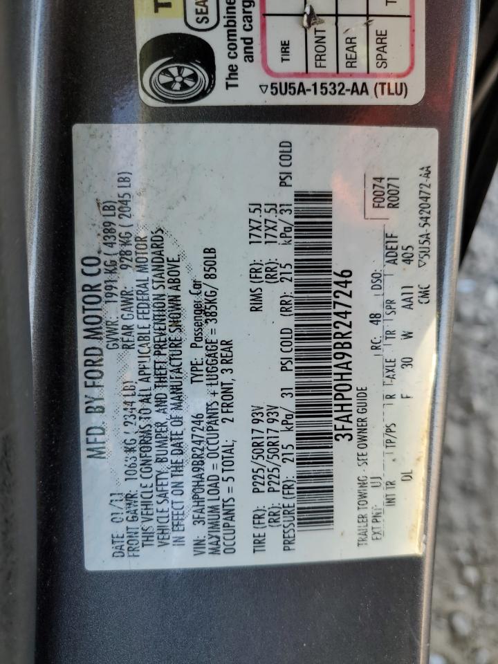 2011 Ford Fusion Se VIN: 3FAHP0HA9BR247246 Lot: 86170305