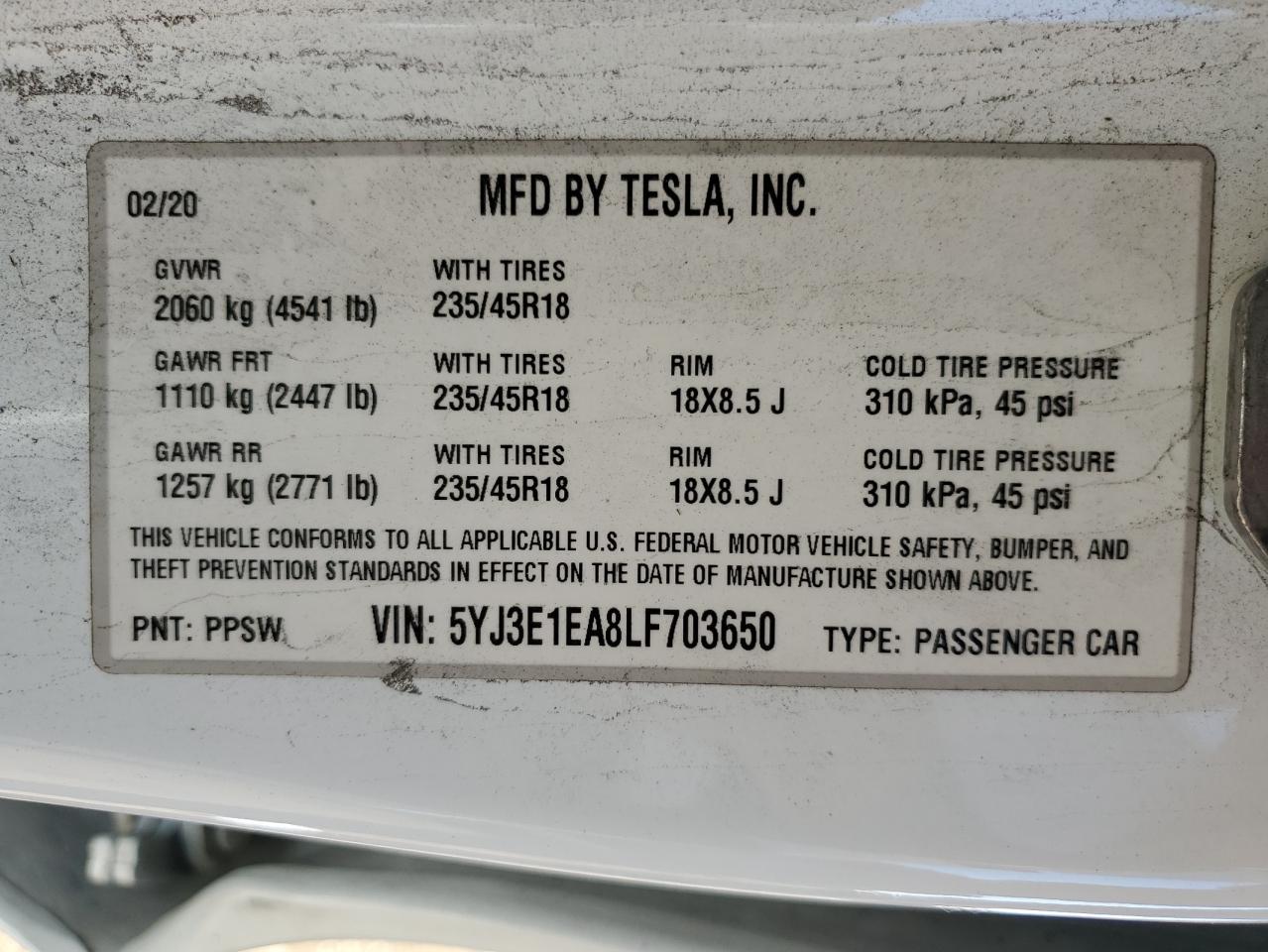 2020 Tesla Model 3 VIN: 5YJ3E1EA8LF703650 Lot: 85364505