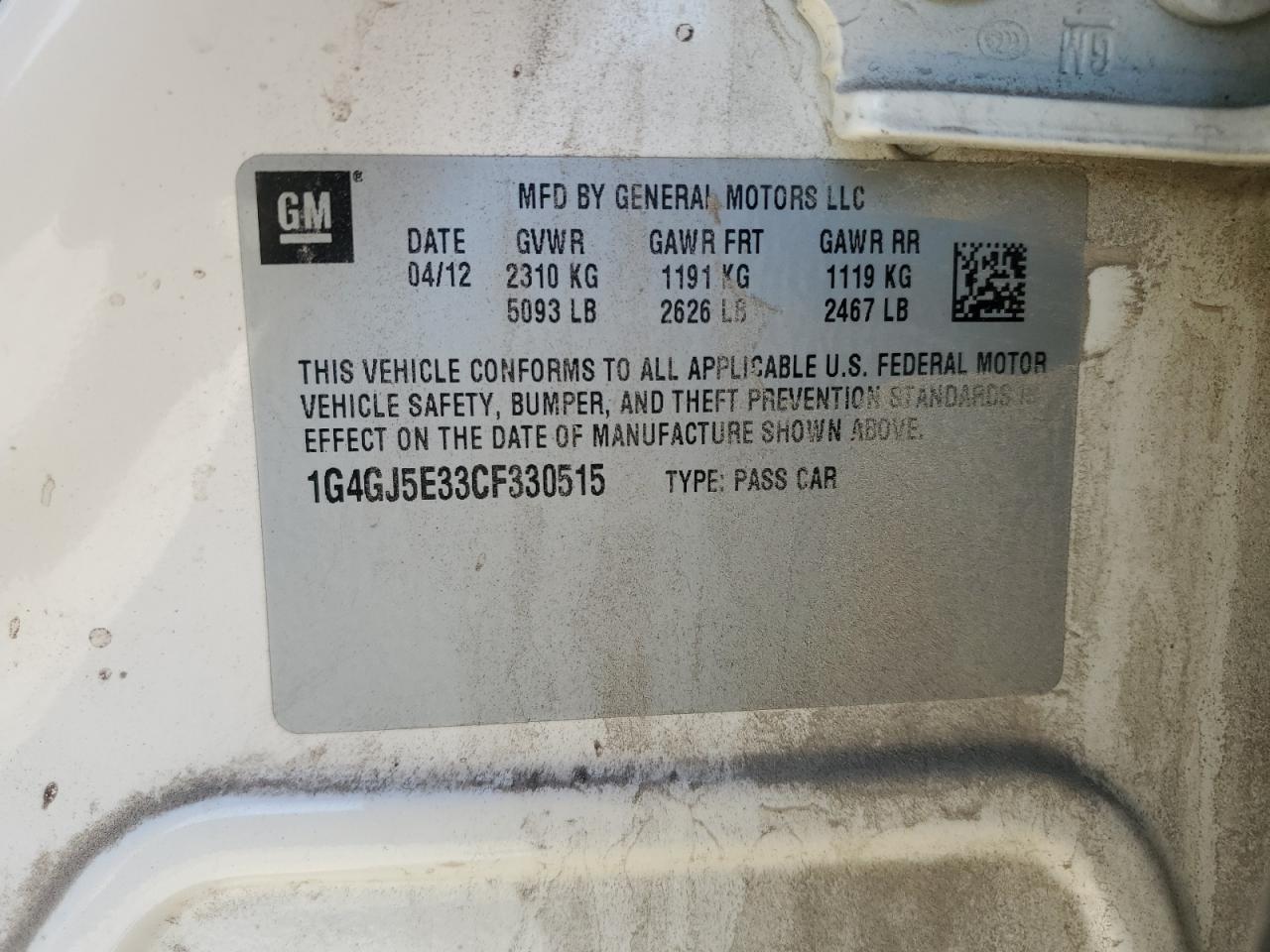 2012 Buick Lacrosse Touring VIN: 1G4GJ5E33CF330515 Lot: 85717115