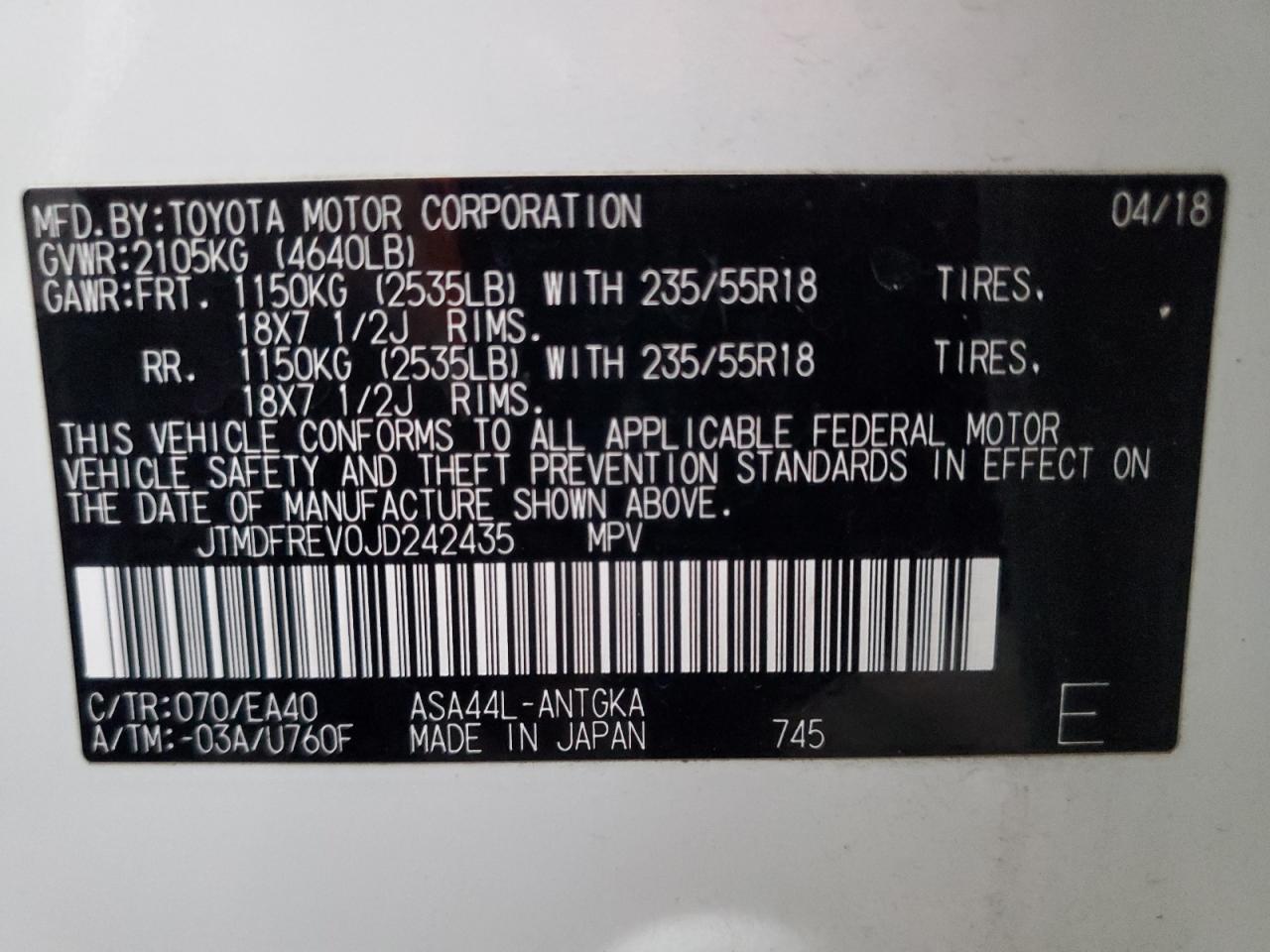 2018 Toyota Rav4 Limited VIN: JTMDFREV0JD242435 Lot: 82322695