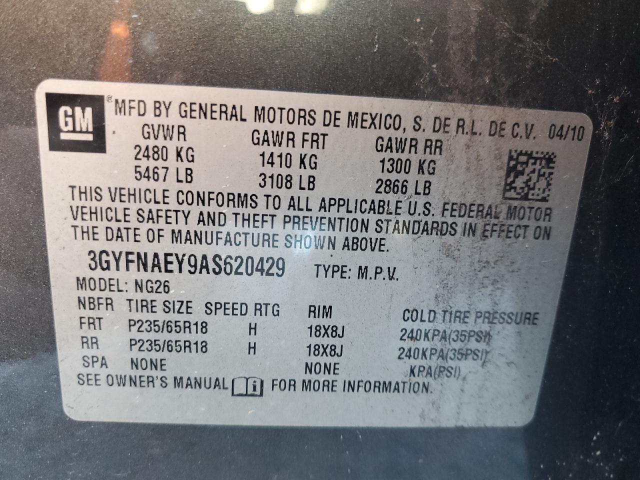 2010 Cadillac Srx Luxury Collection VIN: 3GYFNAEY9AS620429 Lot: 85731295