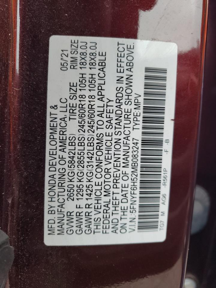 2021 Honda Pilot Exl VIN: 5FNYF6H52MB083247 Lot: 82283125
