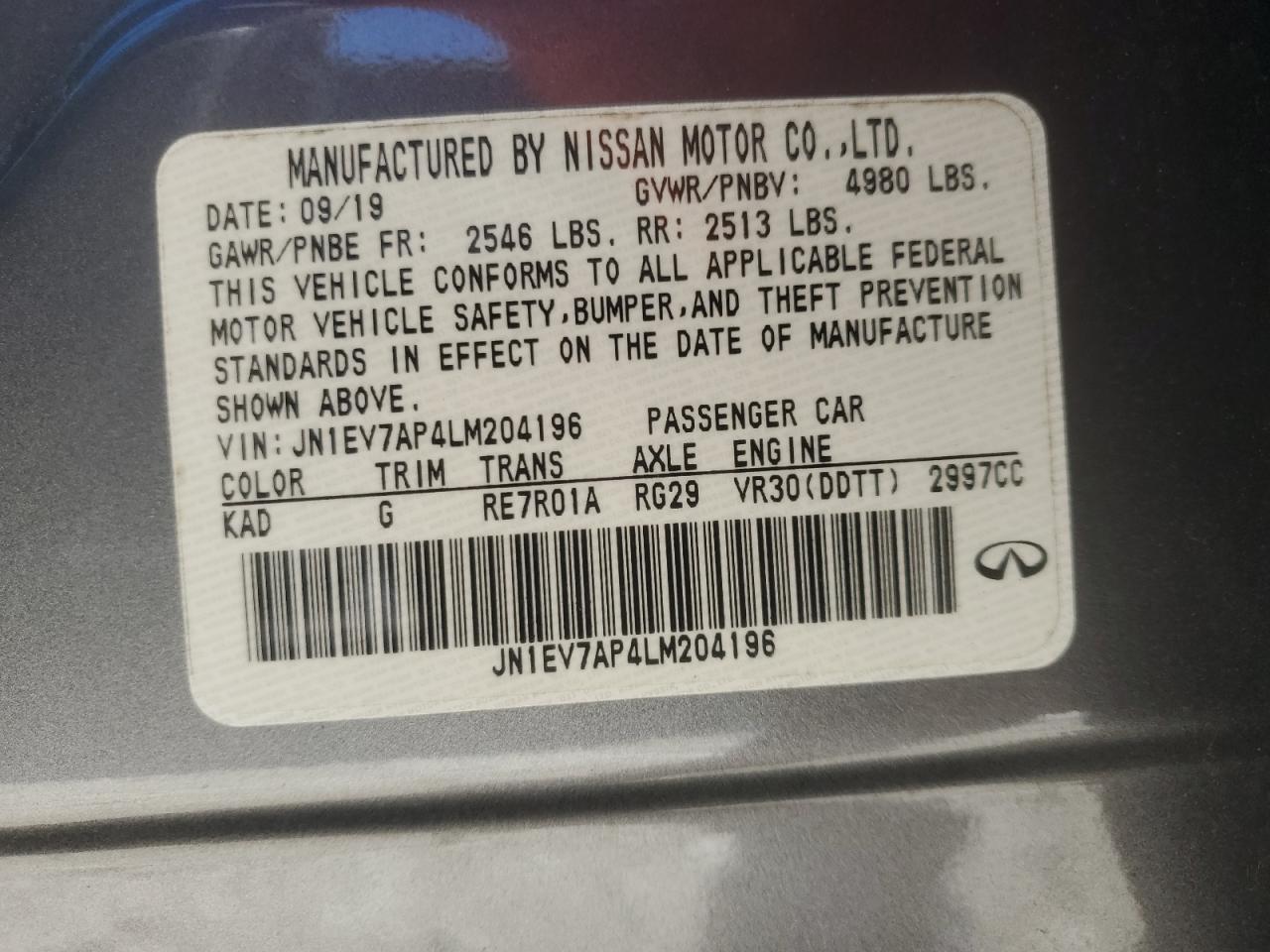 2020 Infiniti Q50 Pure VIN: JN1EV7AP4LM204196 Lot: 85826695