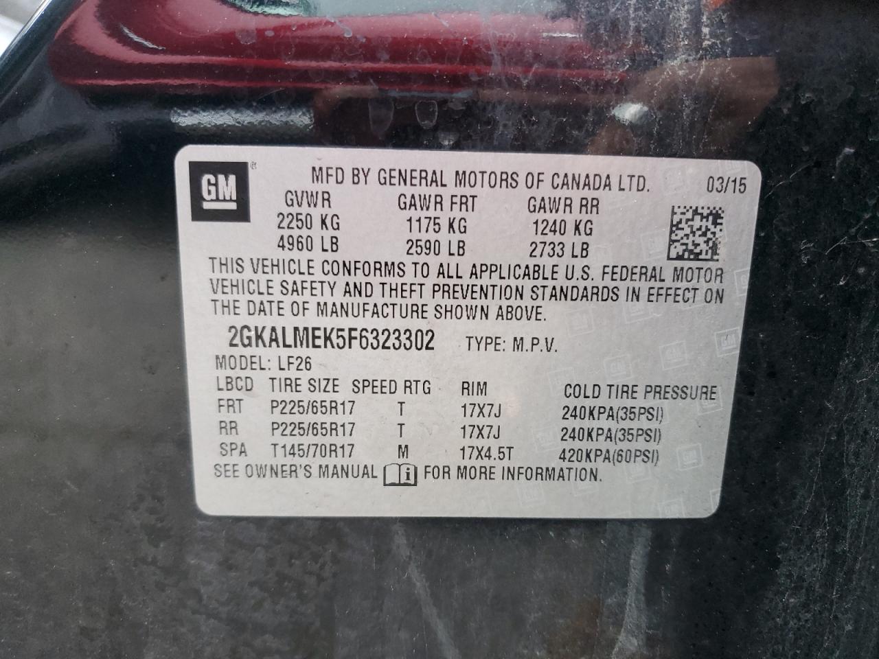 2015 GMC Terrain Sle VIN: 2GKALMEK5F6323302 Lot: 85737045