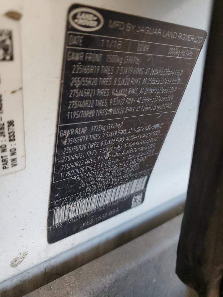 2019 Land Rover Range Rover Sport Hse VIN: SALWR2RV4KA833736 Lot: 85868535