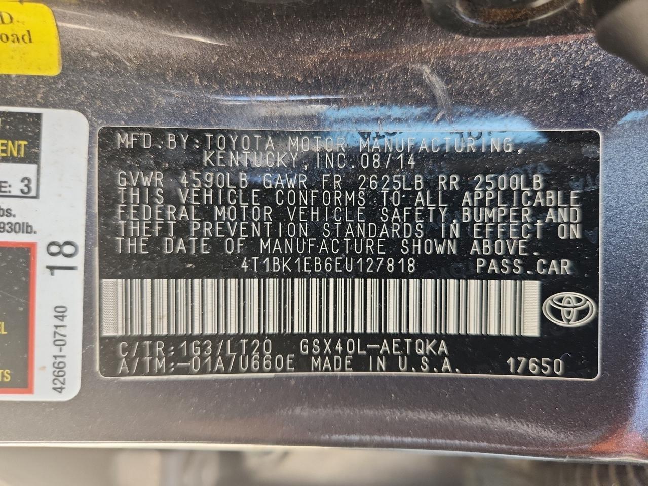 2014 Toyota Avalon Base VIN: 4T1BK1EB6EU127818 Lot: 85187665