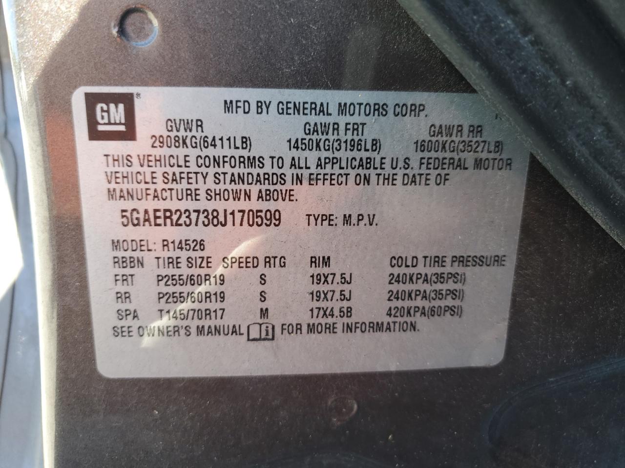 2008 Buick Enclave Cxl VIN: 5GAER23738J170599 Lot: 86281915