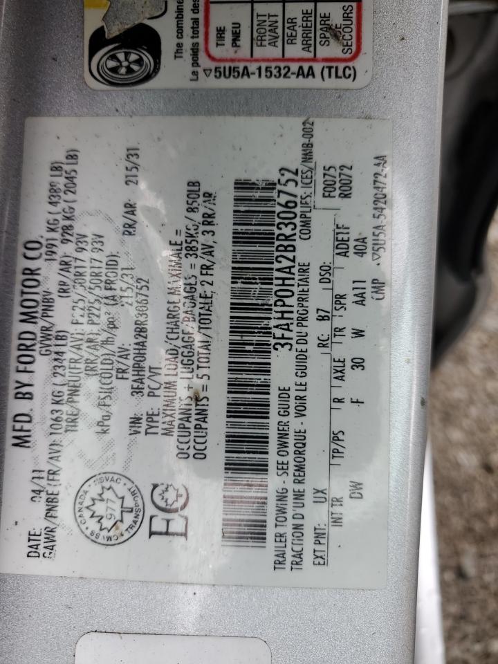 2011 Ford Fusion Se VIN: 3FAHP0HA2BR306752 Lot: 82374815