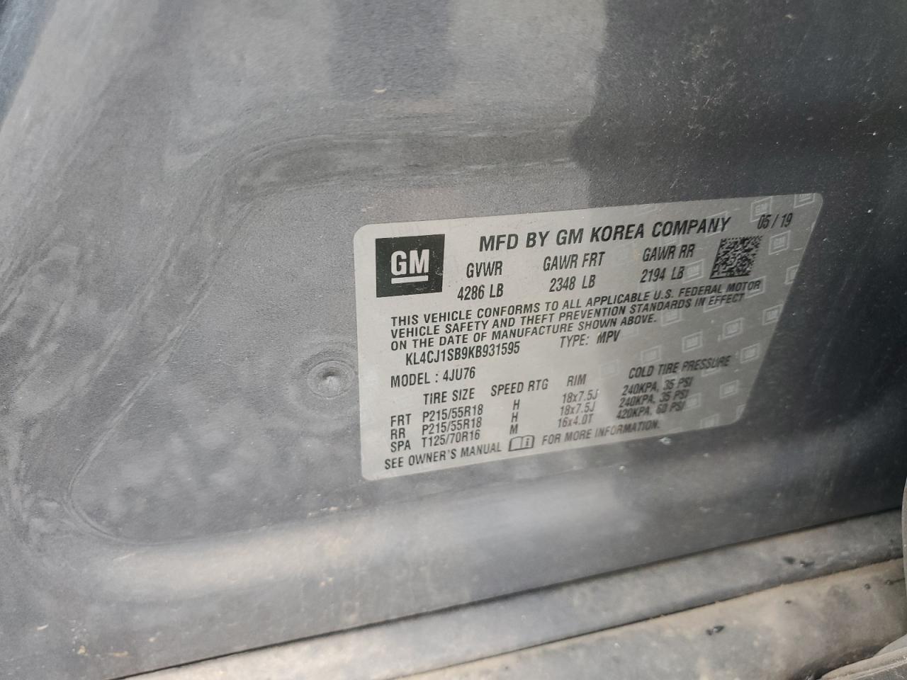 2019 Buick Encore Sport Touring VIN: KL4CJ1SB9KB931595 Lot: 82283155