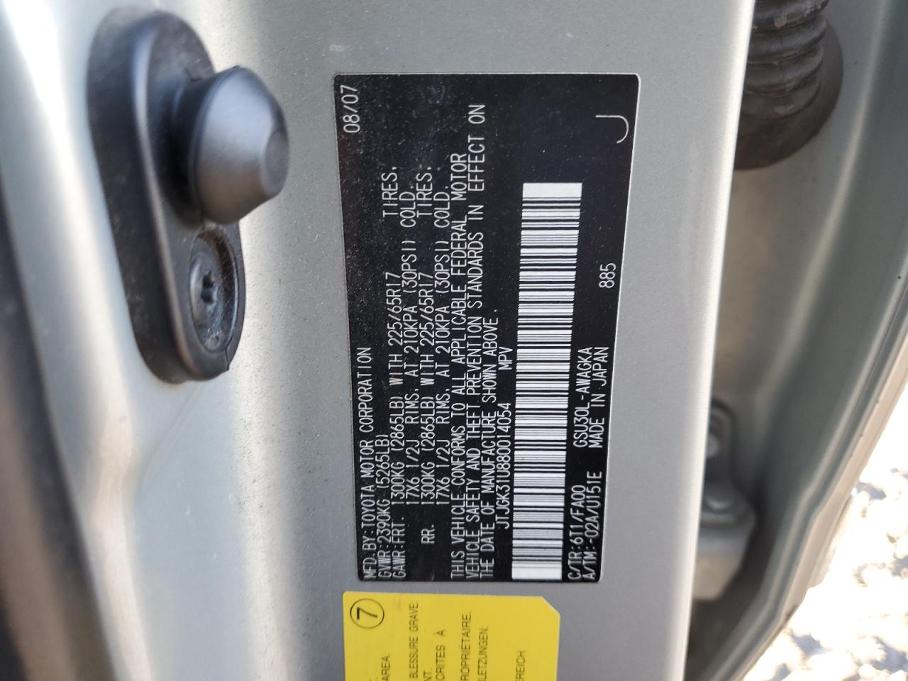 2008 Lexus Rx 350 VIN: JTJGK31U880014054 Lot: 86260885