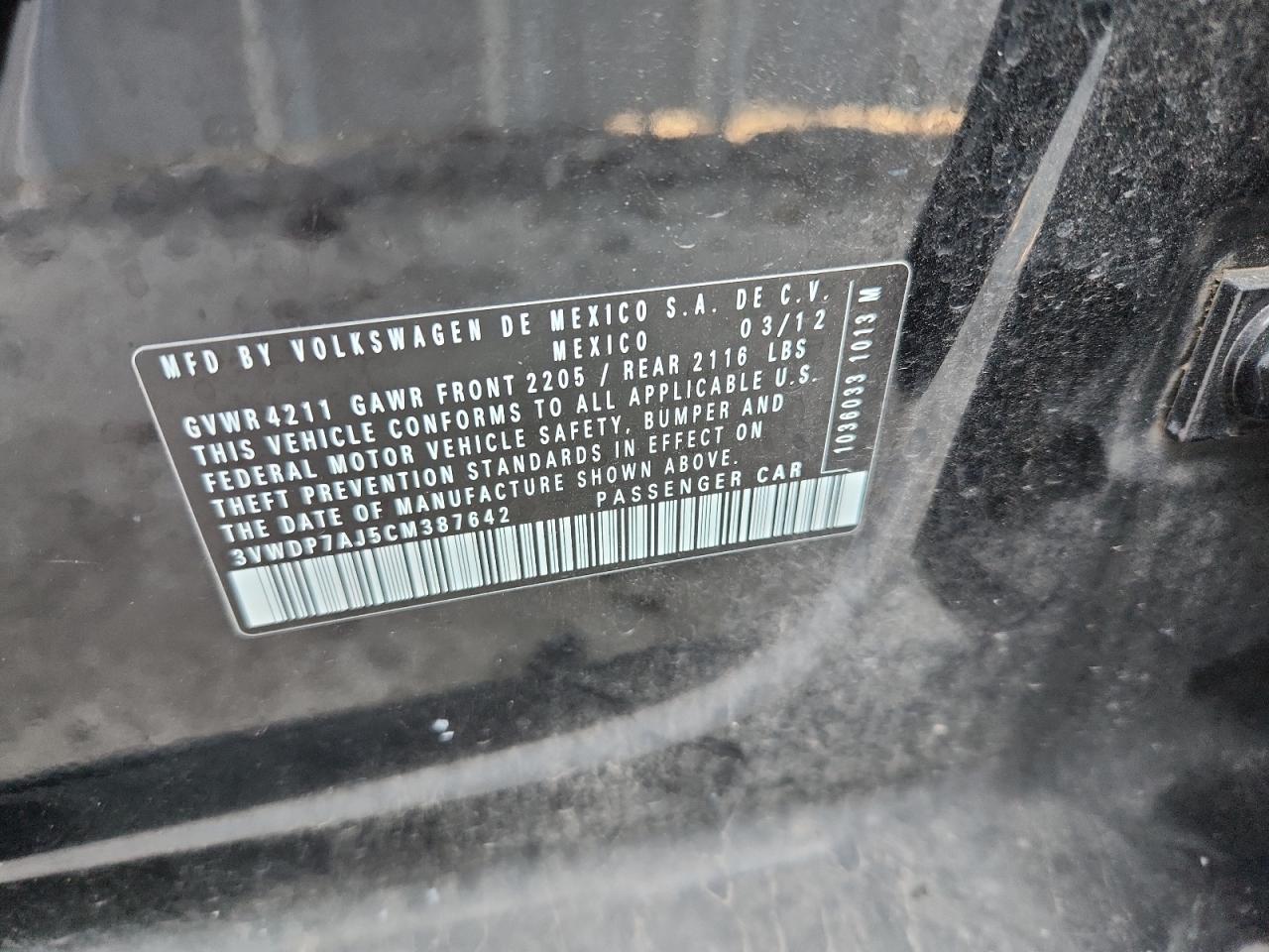 2012 Volkswagen Jetta Se VIN: 3VWDP7AJ5CM387642 Lot: 86336365