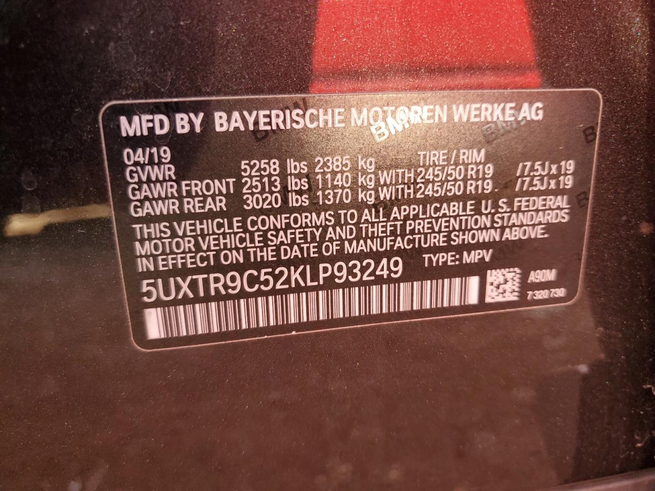 2019 BMW X3 xDrive30I VIN: 5UXTR9C52KLP93249 Lot: 82246615