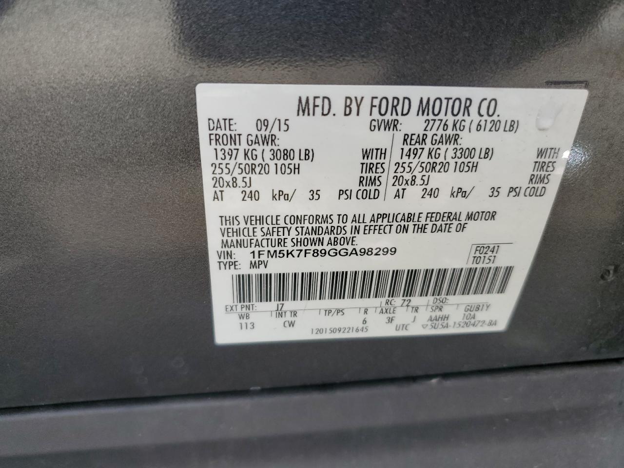 2016 Ford Explorer Limited VIN: 1FM5K7F89GGA98299 Lot: 84904215