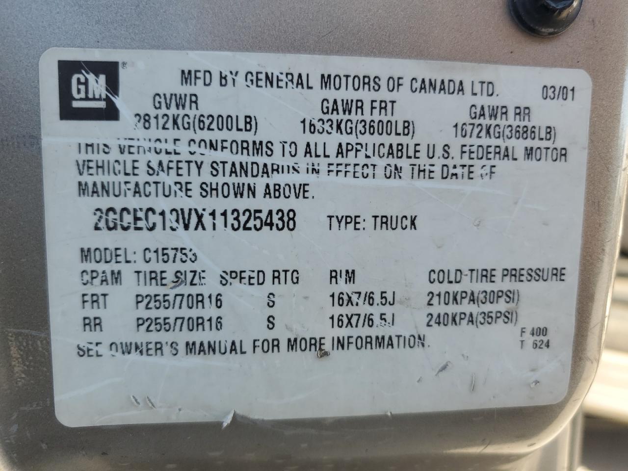 2001 Chevrolet Silverado C1500 VIN: 2GCEC19VX11325438 Lot: 87096155