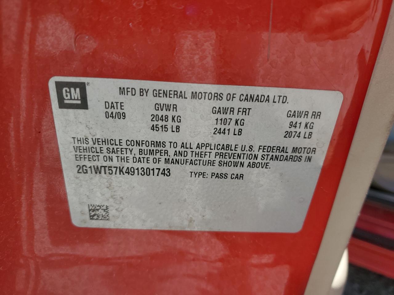 2009 Chevrolet Impala 1Lt VIN: 2G1WT57K491301743 Lot: 84952955