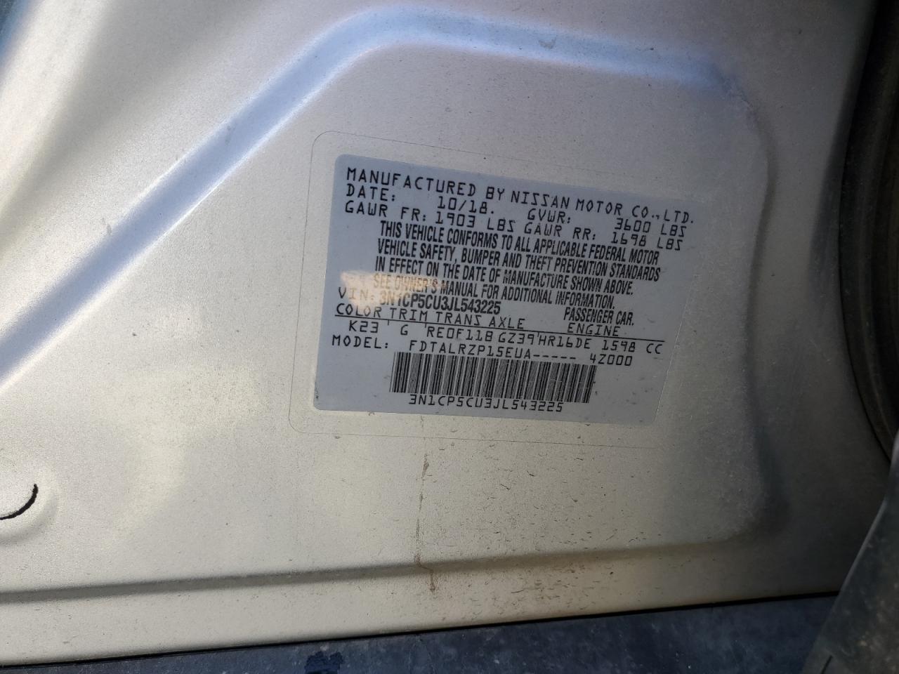 2018 Nissan Kicks S VIN: 3N1CP5CU3JL543225 Lot: 85568845