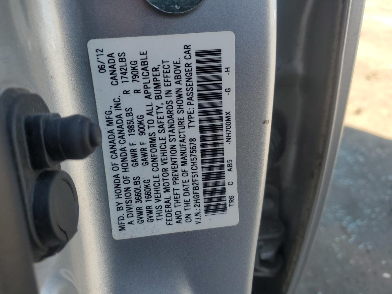 2012 Honda Civic Lx VIN: 2HGFB2F51CH575678 Lot: 84375995