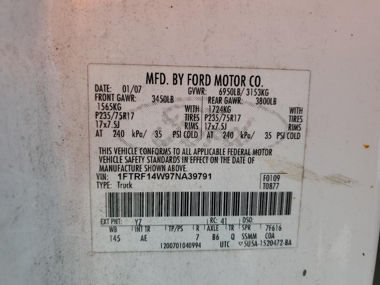 2007 Ford F150 VIN: 1FTRF14W97NA39791 Lot: 81968525