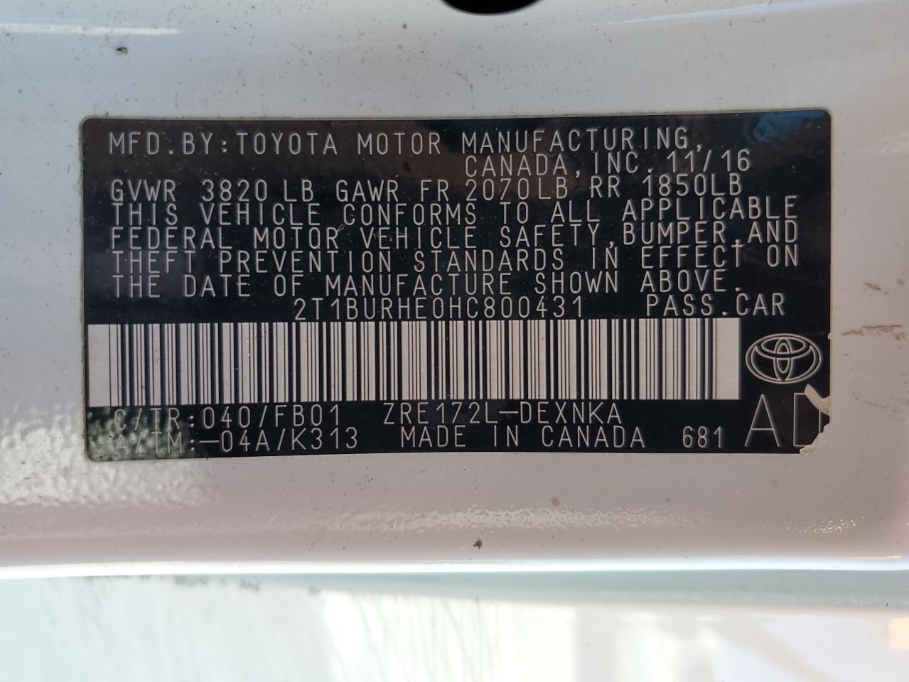 2017 Toyota Corolla L VIN: 2T1BURHE0HC800431 Lot: 86507745