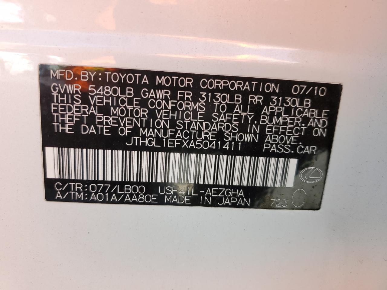 2010 Lexus Ls 460L VIN: JTHGL1EFXA5041411 Lot: 82353735