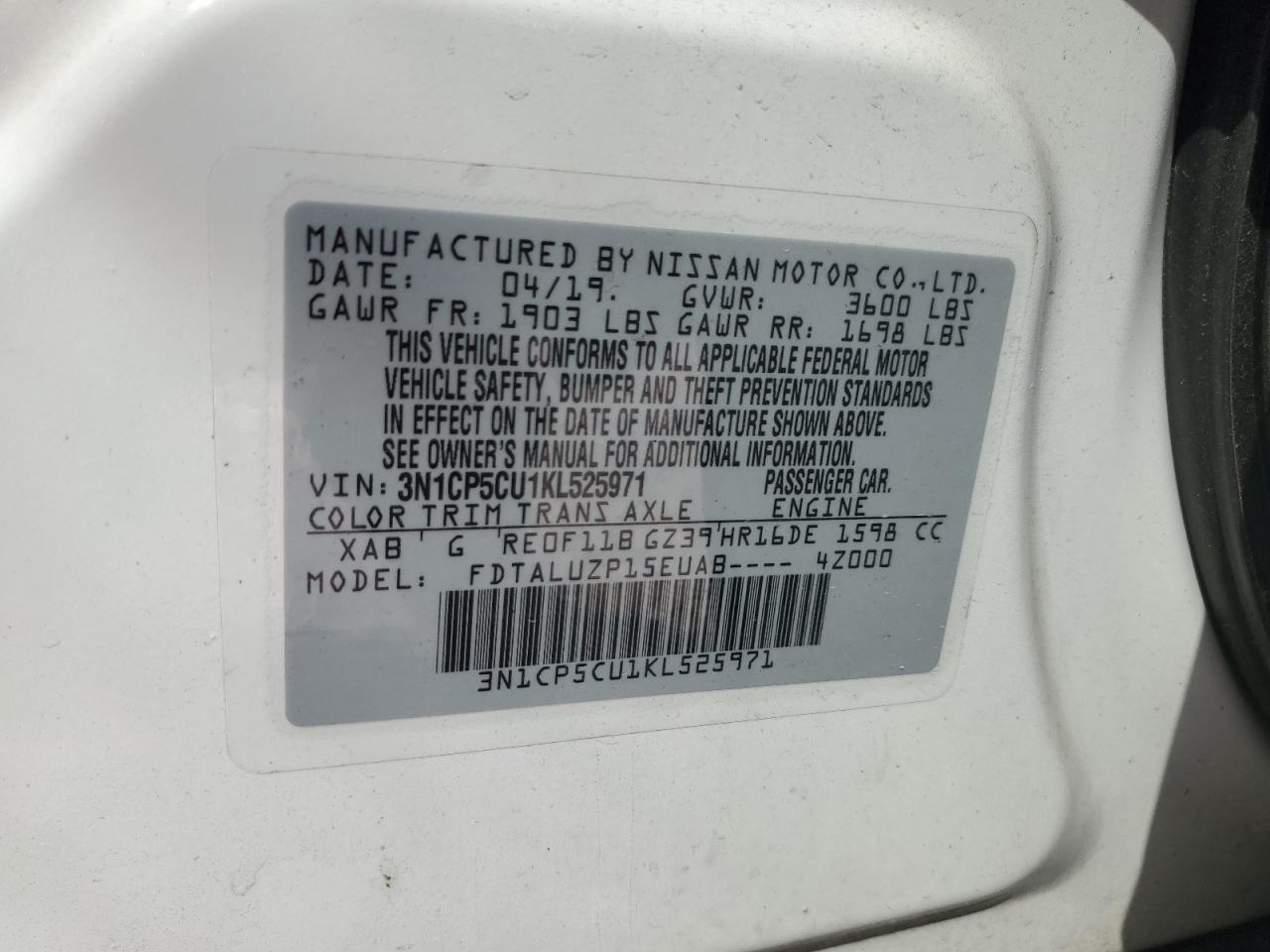 2019 Nissan Kicks S VIN: 3N1CP5CU1KL525971 Lot: 83979775