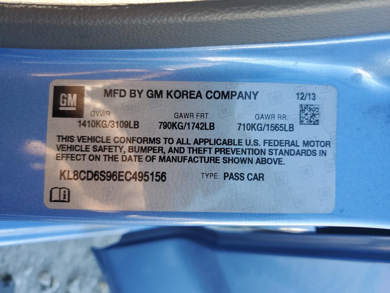 2014 Chevrolet Spark 1Lt VIN: KL8CD6S96EC495156 Lot: 82749255