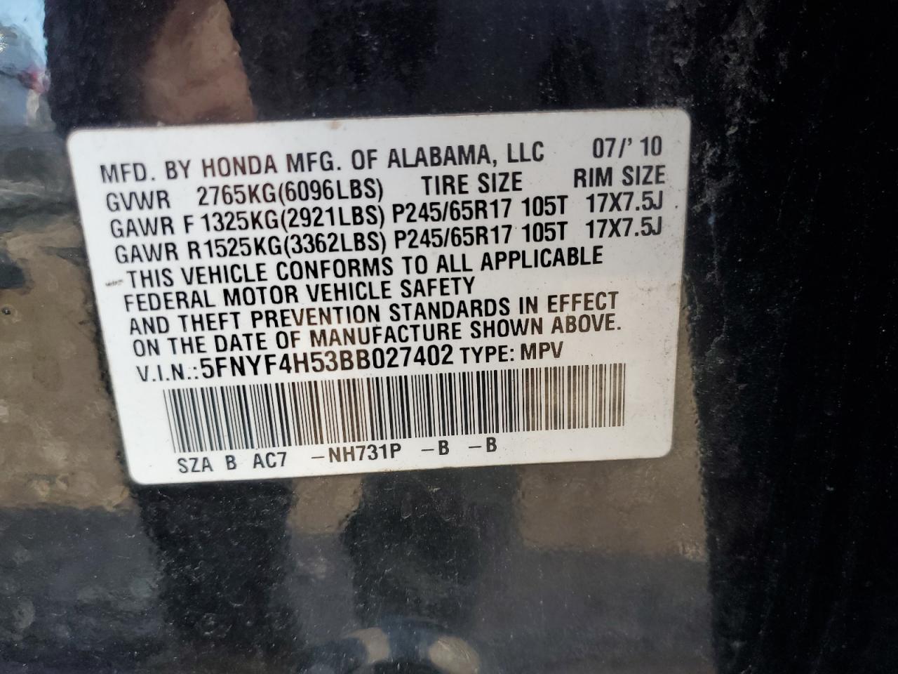 2011 Honda Pilot Exl VIN: 5FNYF4H53BB027402 Lot: 89551995