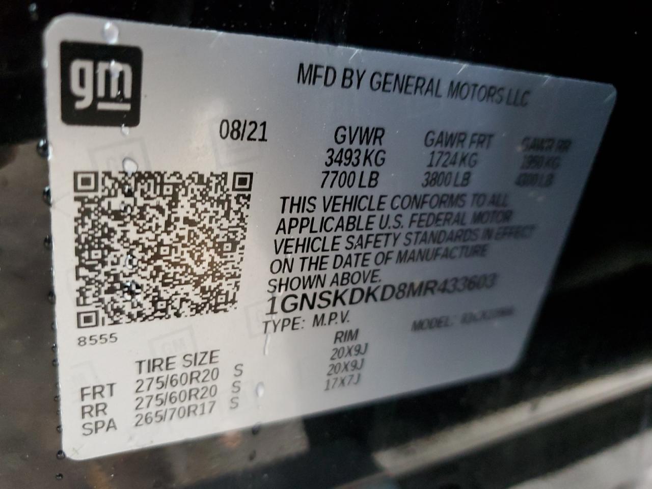 2021 Chevrolet Suburban K1500 Z71 VIN: 1GNSKDKD8MR433603 Lot: 84272555