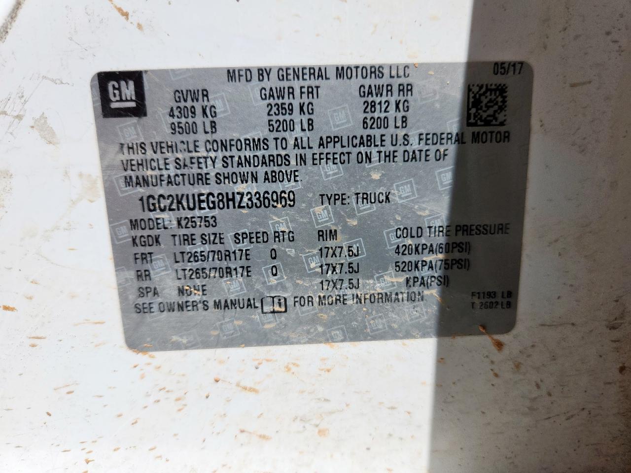 2017 Chevrolet Silverado K2500 Heavy Duty VIN: 1GC2KUEG8HZ336969 Lot: 85309985