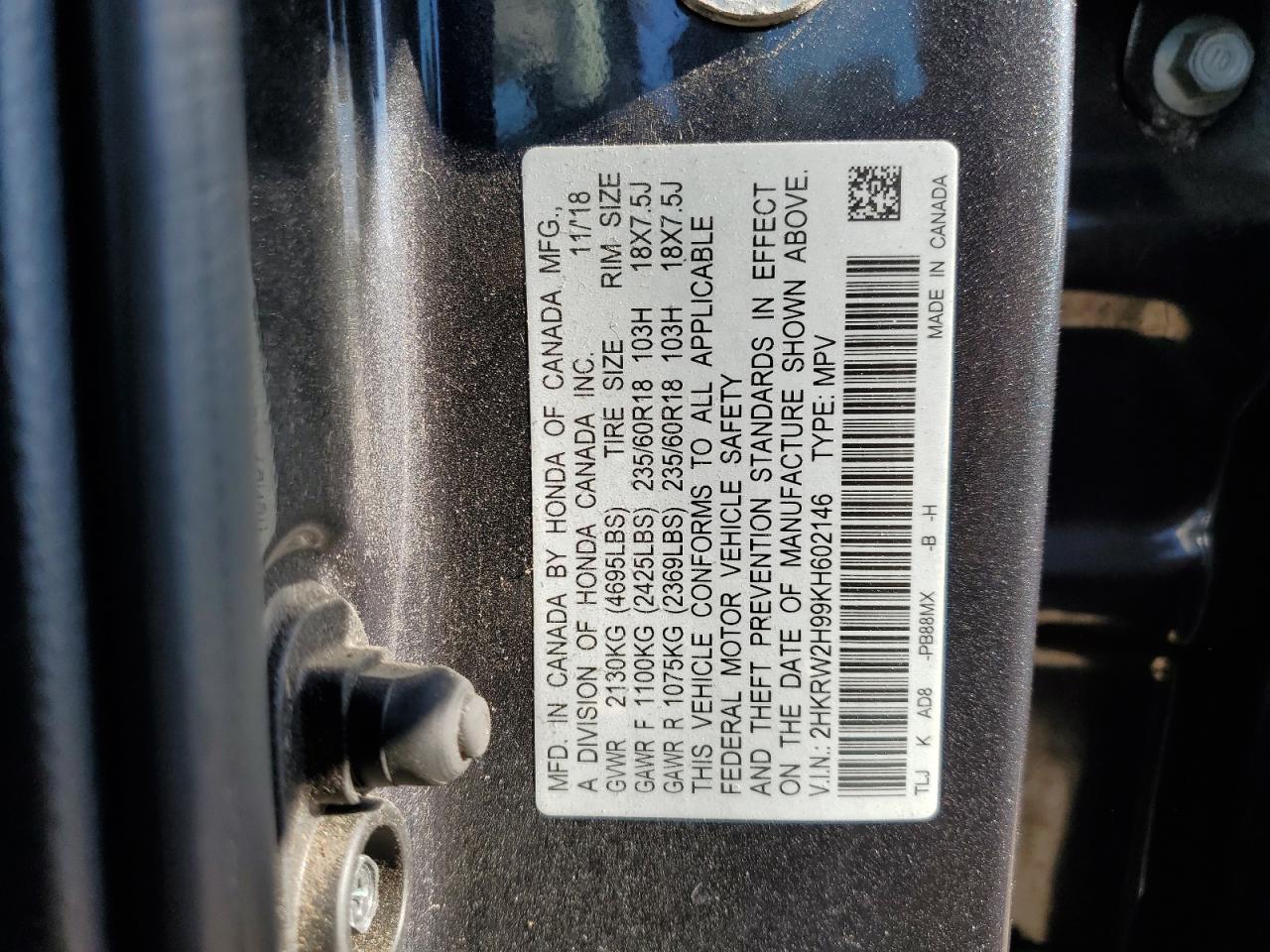 2019 Honda Cr-V Touring VIN: 2HKRW2H99KH602146 Lot: 90425595