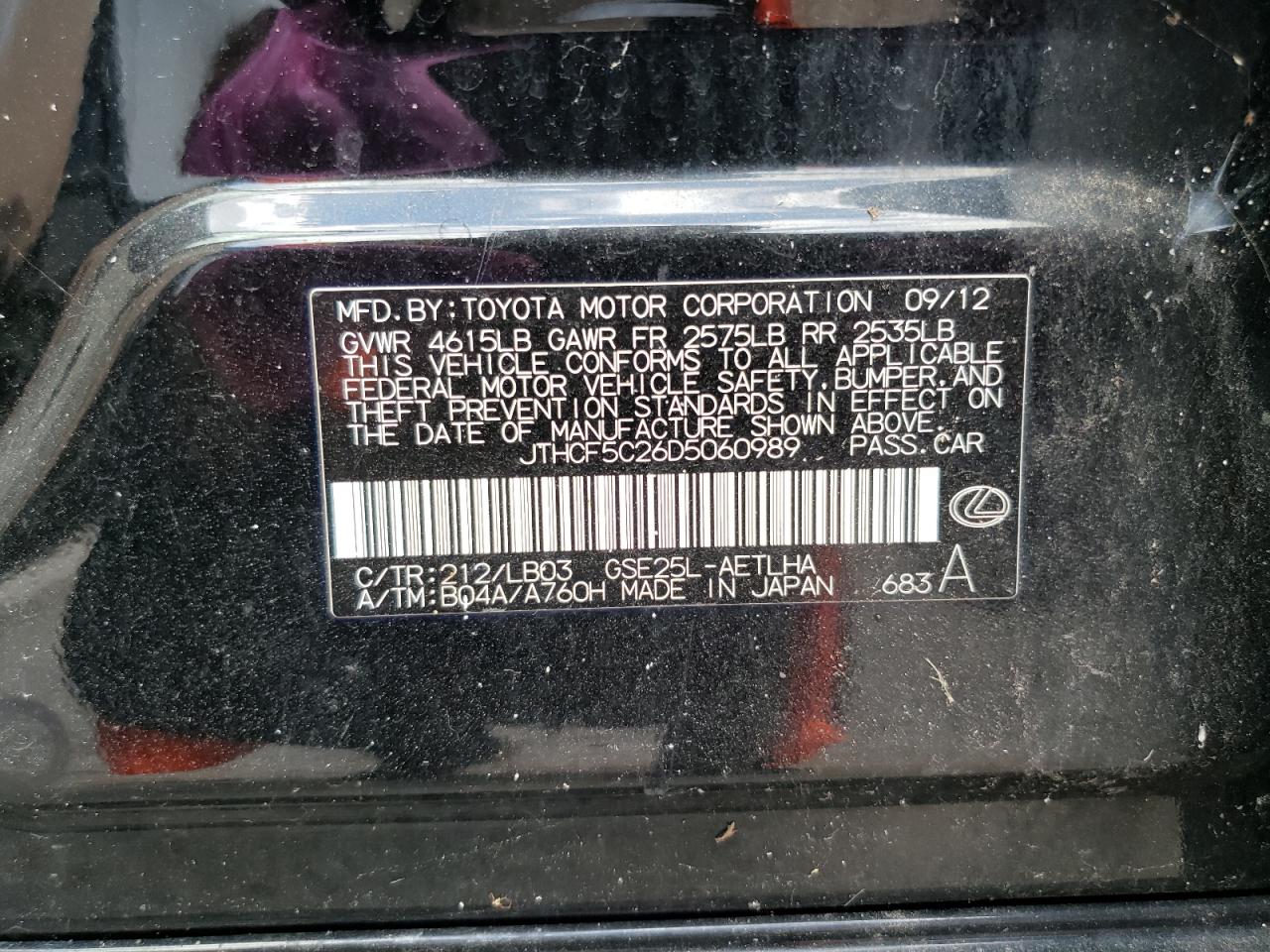 2013 Lexus Is 250 VIN: JTHCF5C26D5060989 Lot: 89821195