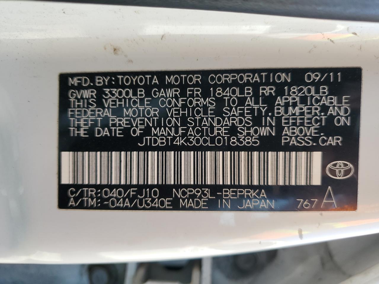 2012 Toyota Yaris VIN: JTDBT4K30CL018385 Lot: 85642285