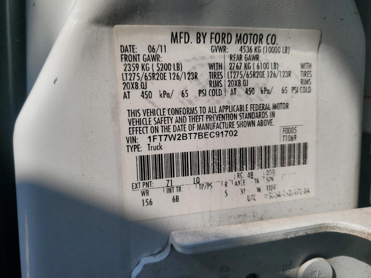 2011 Ford F250 Super Duty VIN: 1FT7W2BT7BEC91702 Lot: 85002605