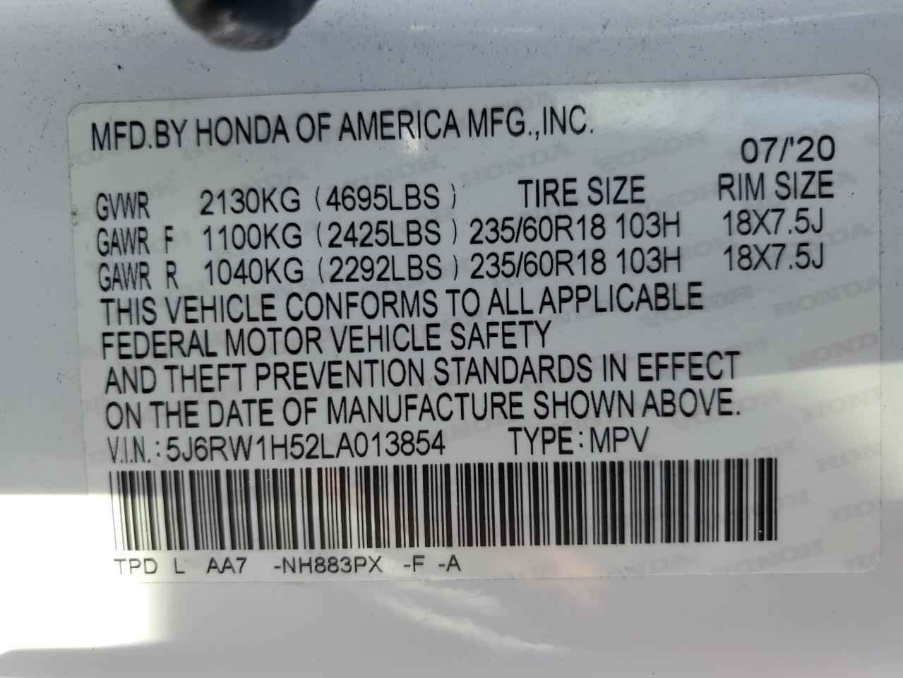 2020 Honda Cr-V Ex VIN: 5J6RW1H52LA013854 Lot: 85201755