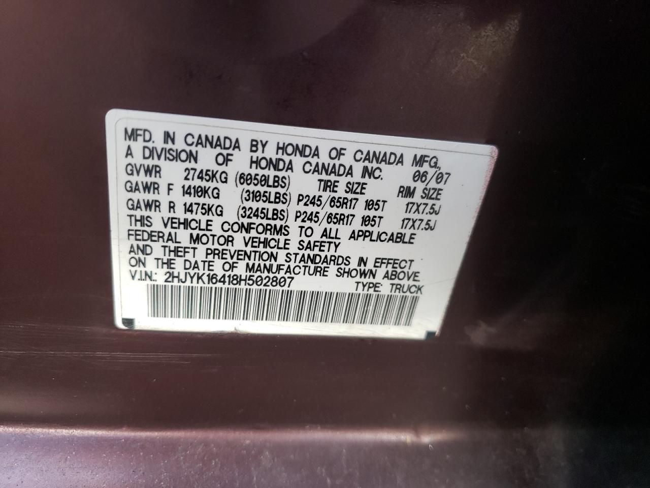 2008 Honda Ridgeline Rts VIN: 2HJYK16418H502807 Lot: 81902595