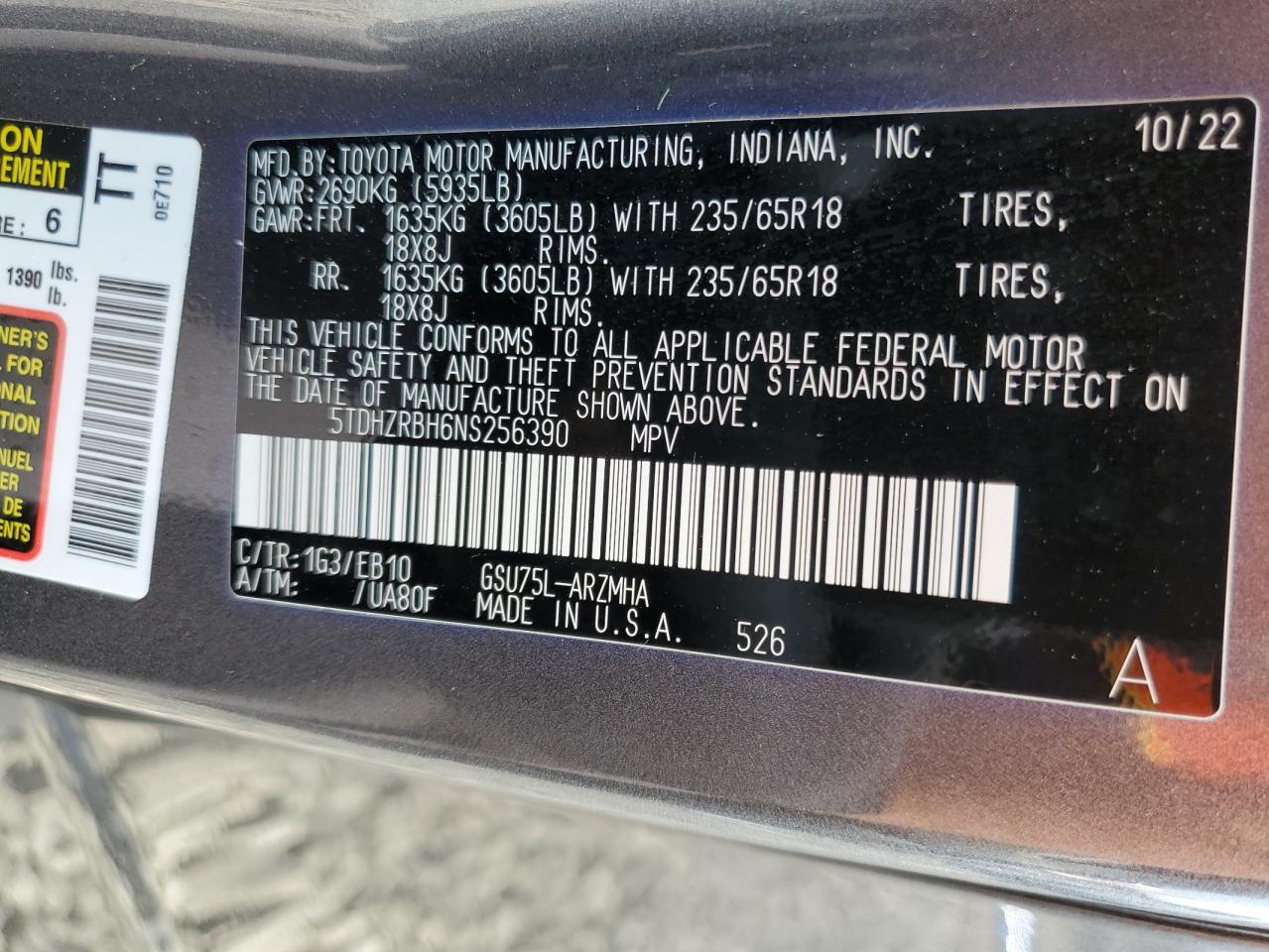 2022 Toyota Highlander Xle VIN: 5TDHZRBH6NS256390 Lot: 82338295