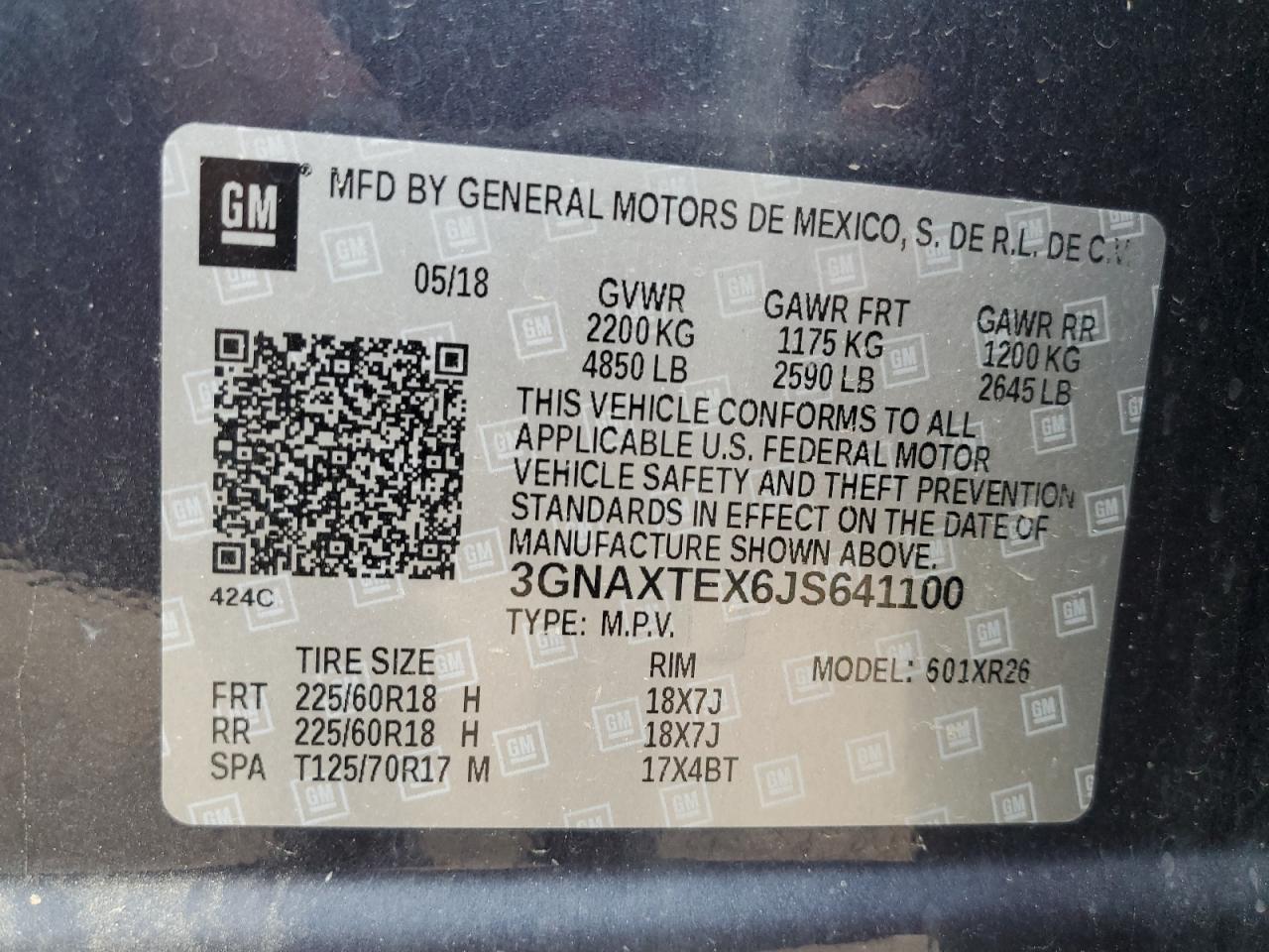 2018 Chevrolet Equinox Lt VIN: 3GNAXTEX6JS641100 Lot: 86334635