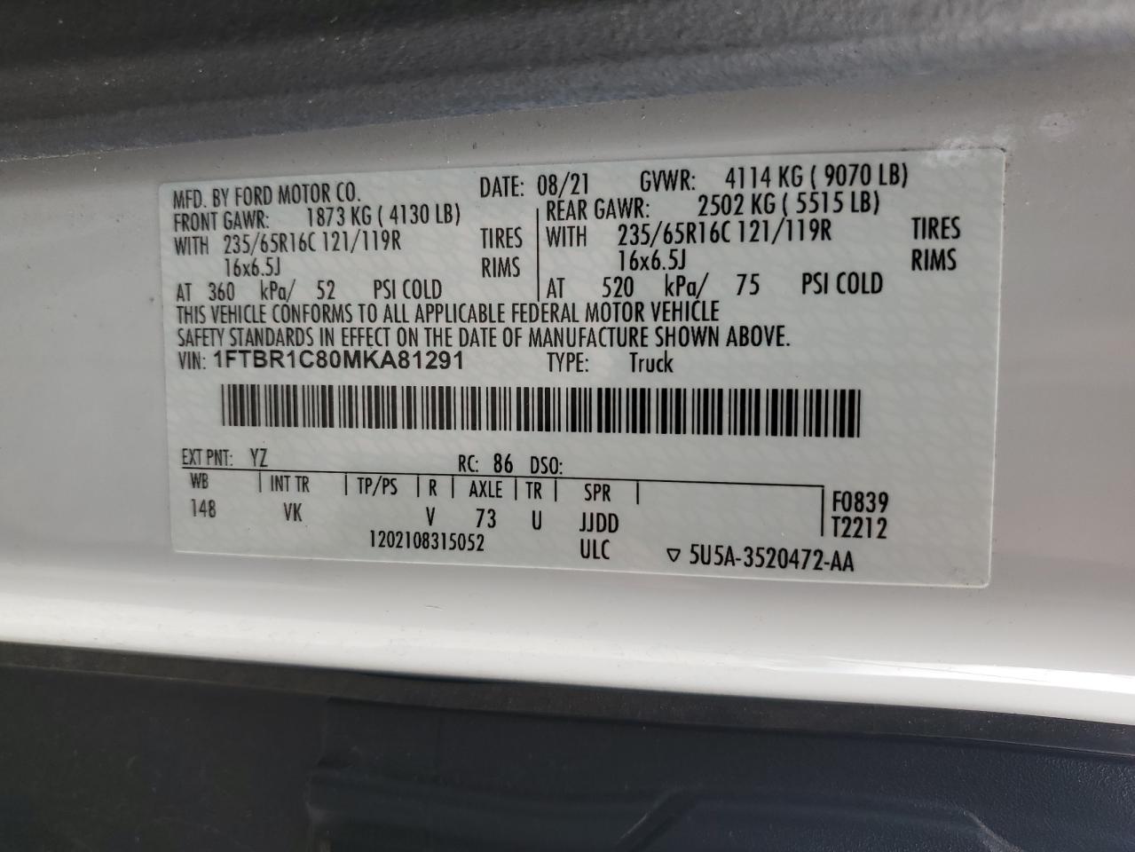 2021 Ford Transit T-250 VIN: 1FTBR1C80MKA81291 Lot: 86147545