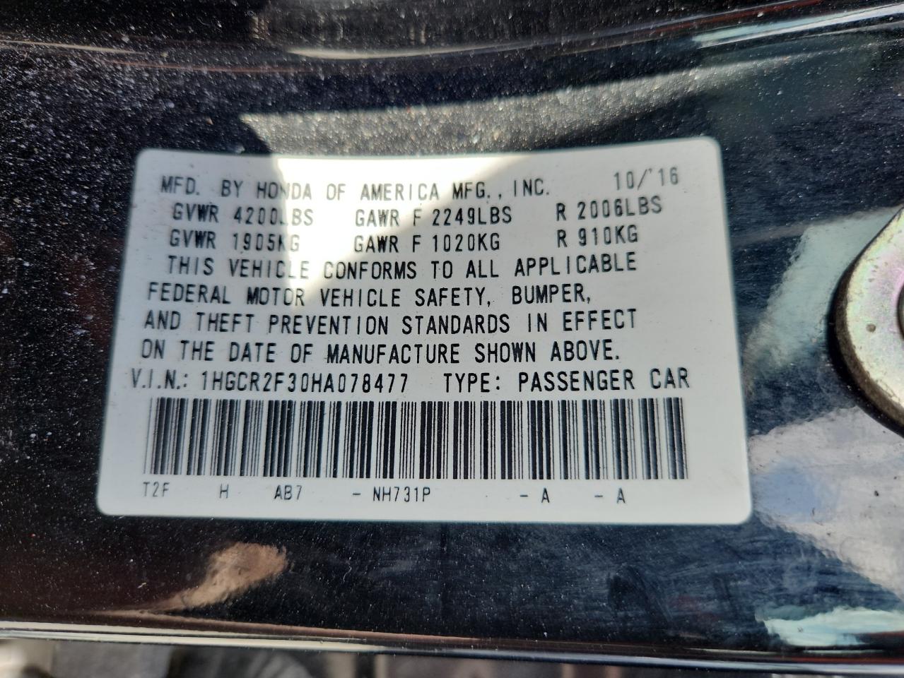 2017 Honda Accord Lx VIN: 1HGCR2F30HA078477 Lot: 84726515