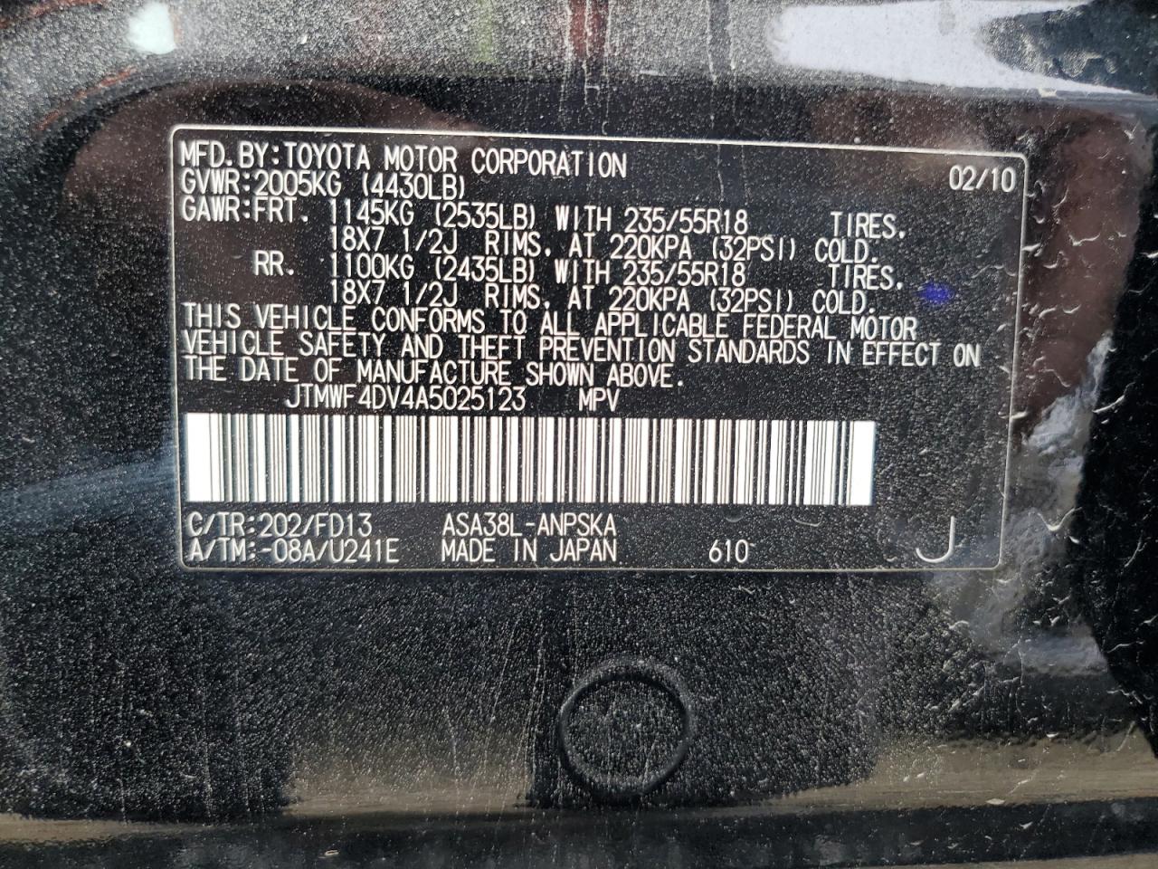 2010 Toyota Rav4 Sport VIN: JTMWF4DV4A5025123 Lot: 80025695