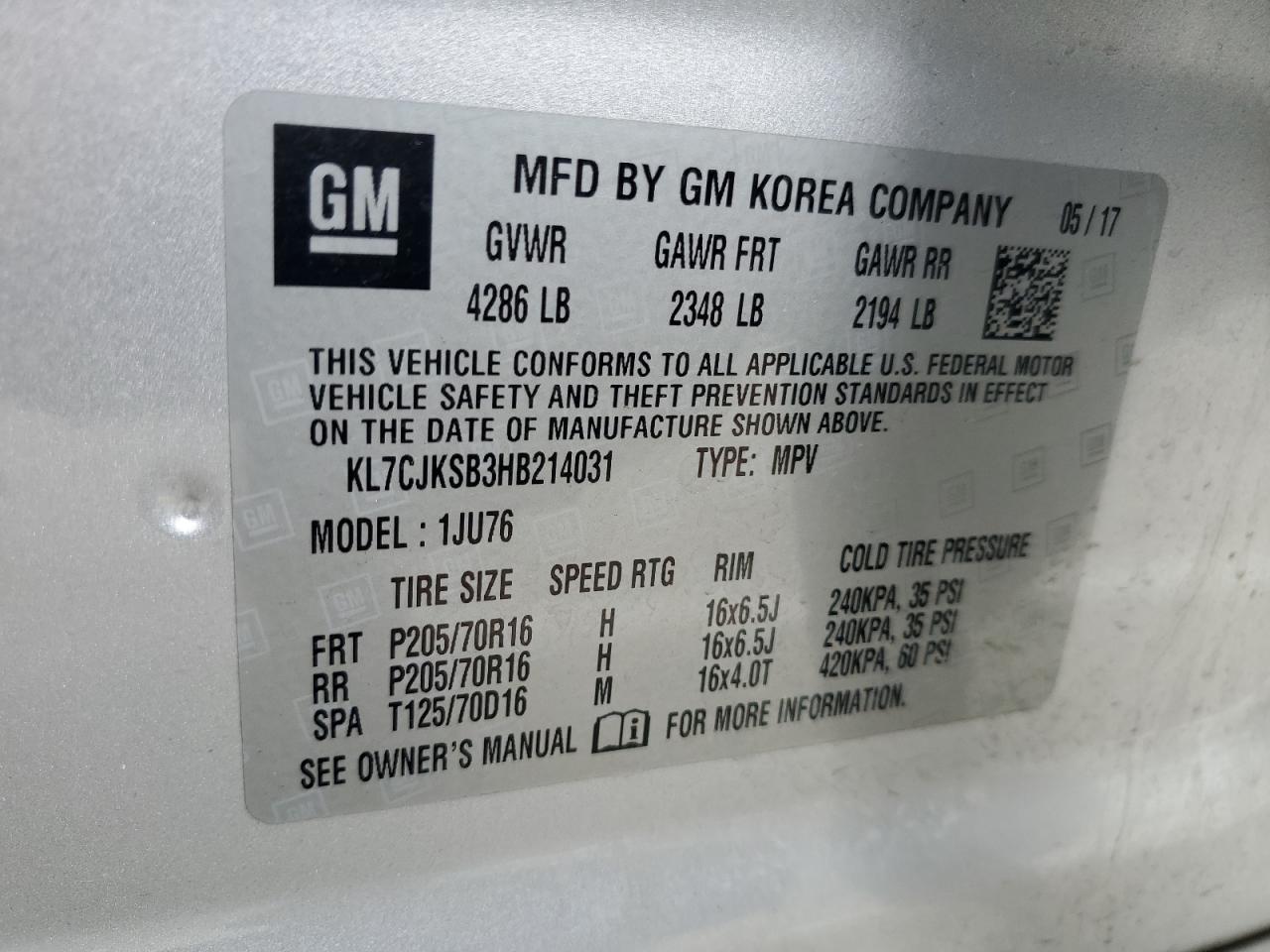 2017 Chevrolet Trax Ls VIN: KL7CJKSB3HB214031 Lot: 84644135