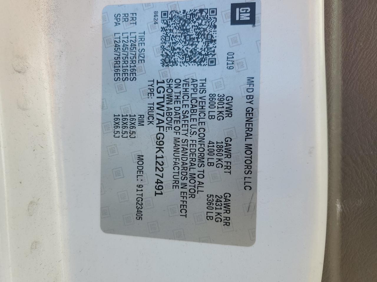 2019 GMC Savana G2500 VIN: 1GTW7AFG9K1227491 Lot: 92750445