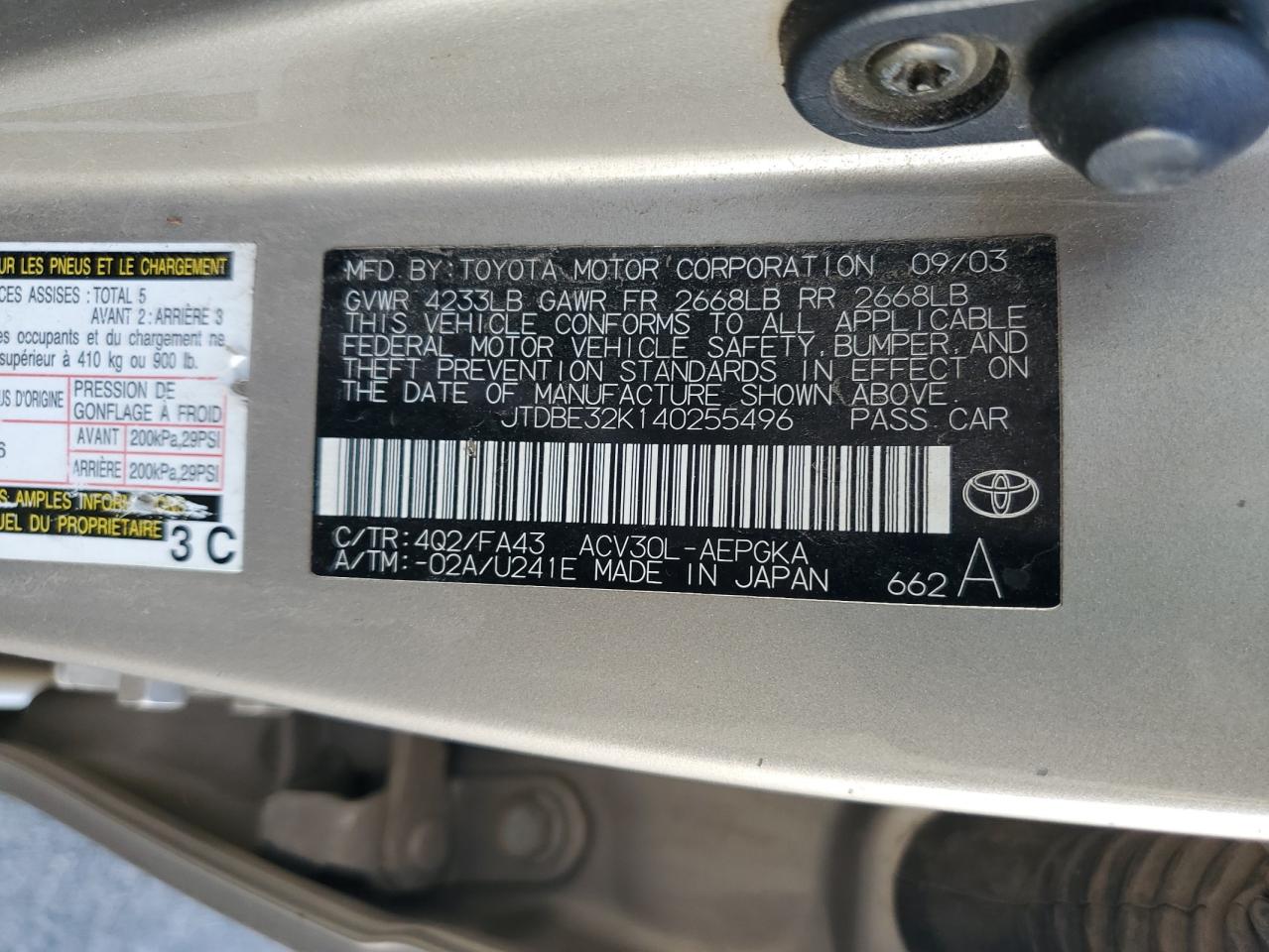 2004 Toyota Camry Le VIN: JTDBE32K140255496 Lot: 83874805