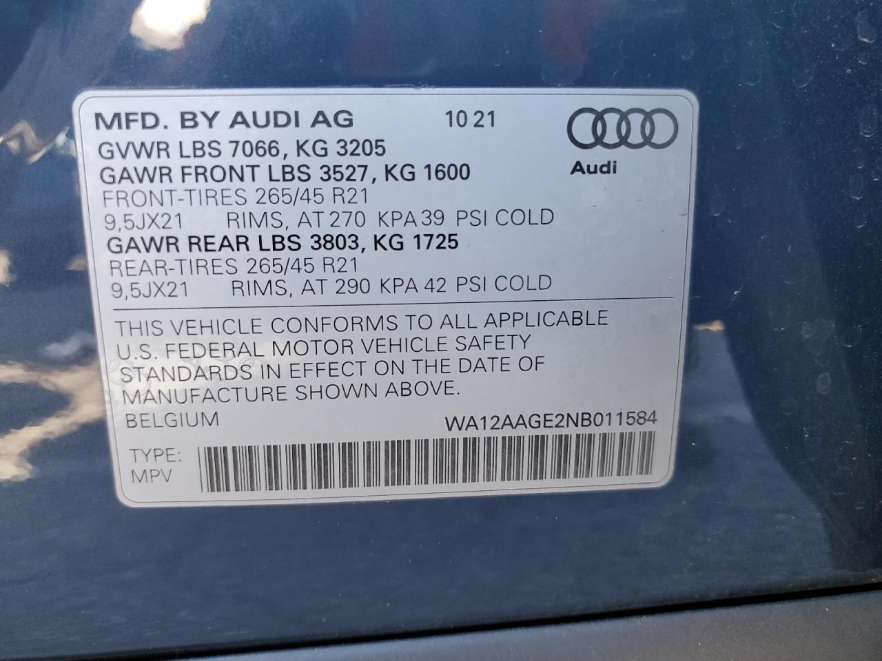 2022 Audi E-Tron Sportback Premium Plus VIN: WA12AAGE2NB011584 Lot: 85911655