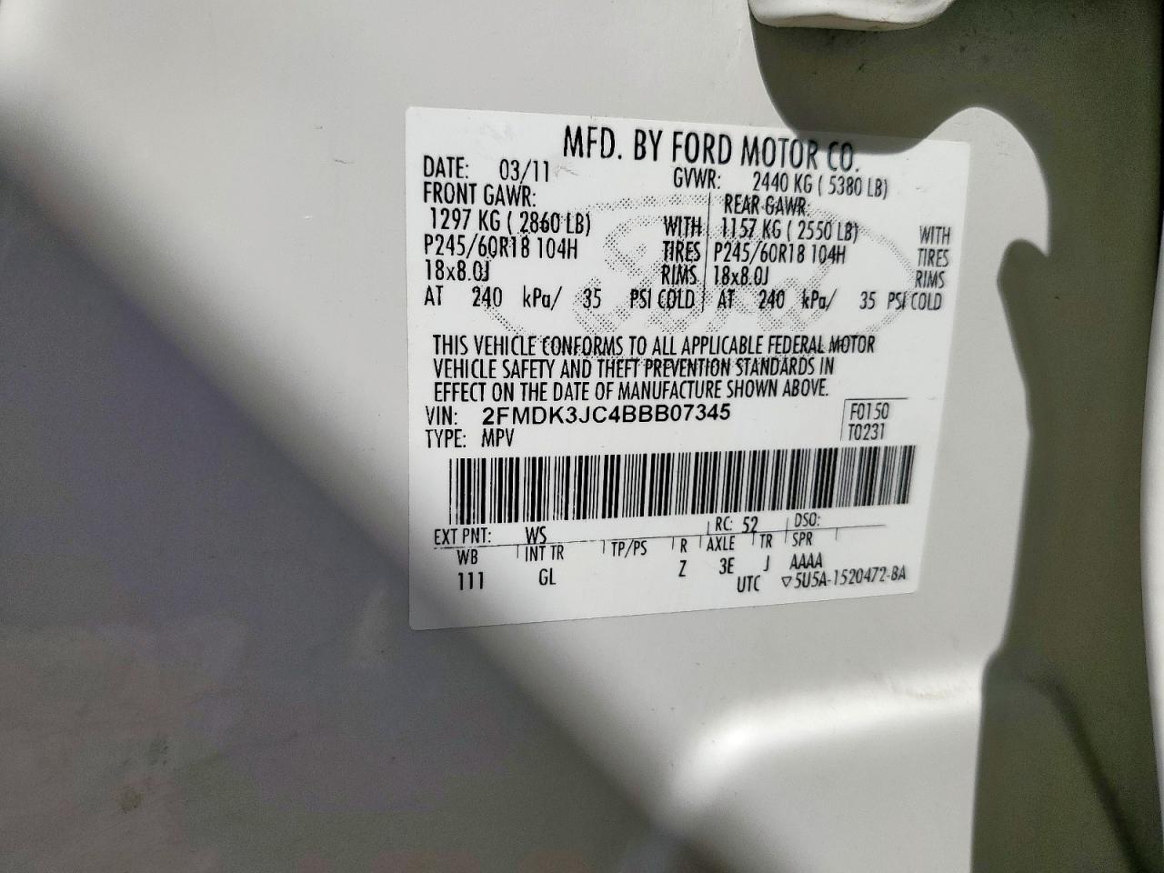 2011 Ford Edge Sel VIN: 2FMDK3JC4BBB07345 Lot: 85001645